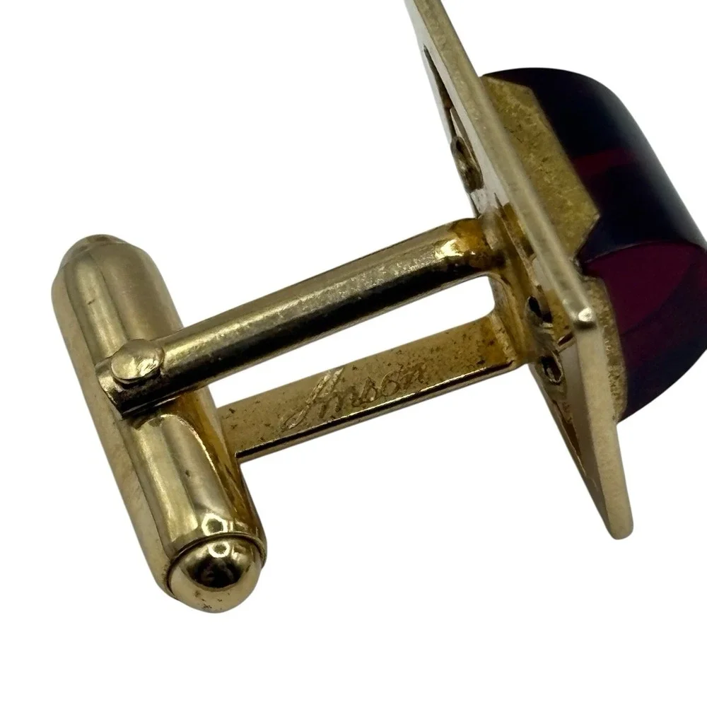 ANSON Cherry Red Lucite Cufflinks Tie Clip Bar Set Gold Tone Open Frame‎ Vintage